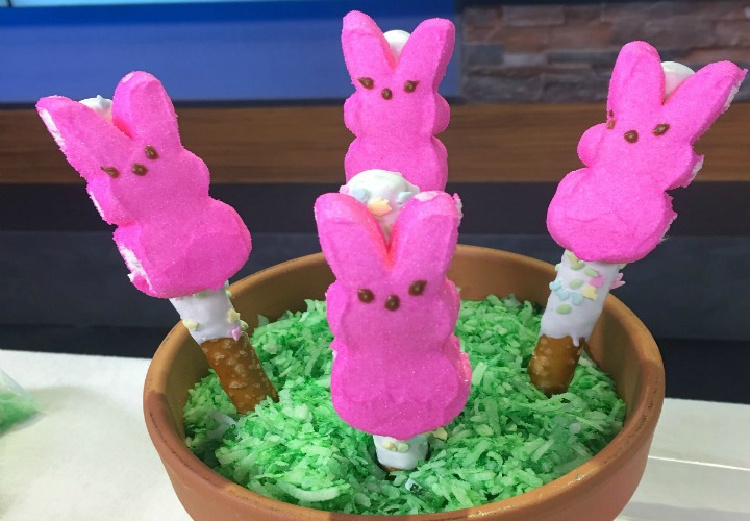 peeps and pretzels in flower pot