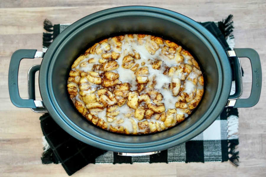 Cinnamon Roll Casserole served in a Crockpot