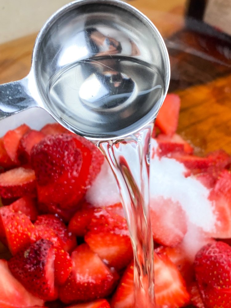 sliced strawberries, sugar, and orange liqueur or orange juice in a large glass bowl and gently toss to combine. my home and travels