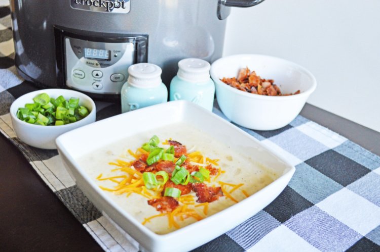 Easy Crockpot Loaded Potato Soup my home and travels in serving bowl