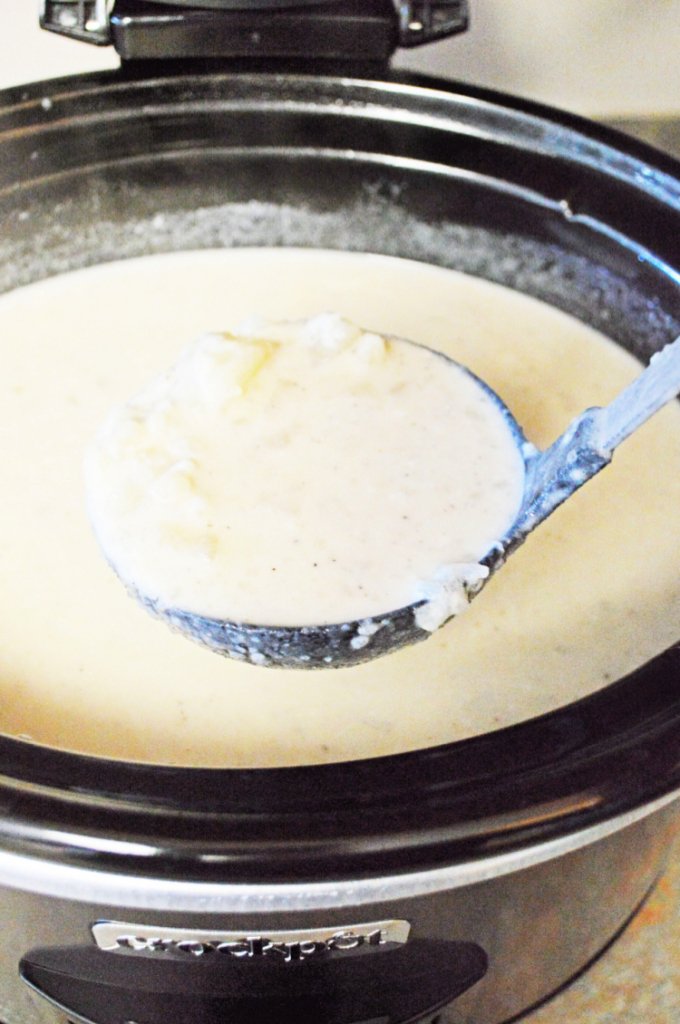 Easy Crockpot Loaded Potato Soup my home and travels cooked and ready to serve