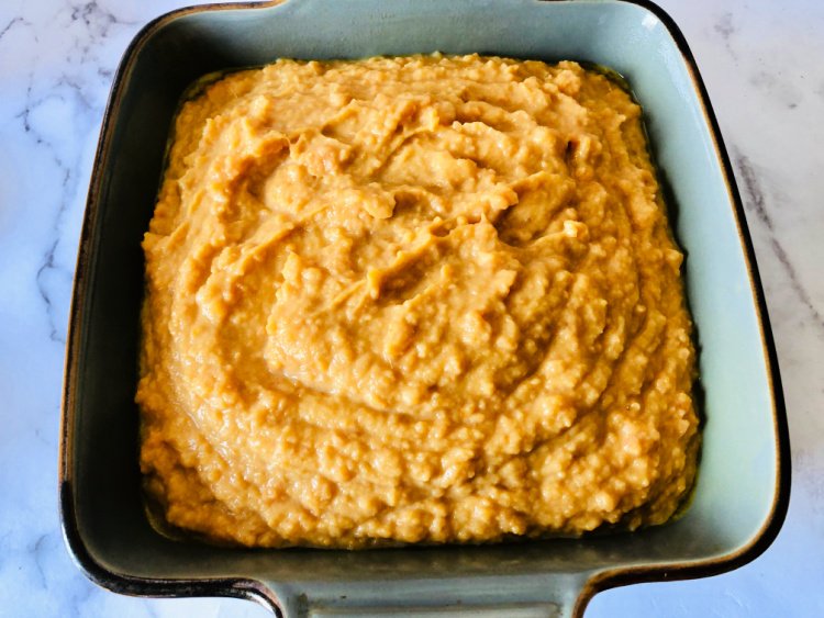 sweet-potato-casserole-my-home-and-travels- mixture in baking dish