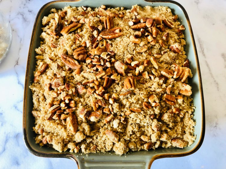 sweet-potato-casserole-my-home-and-travels- crumbled mixture on mixture