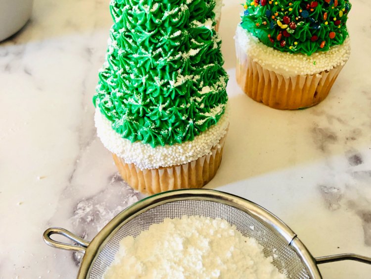 sugar-cone-christmas-tree-cupcake-toppers-my-home-and-travels- dusting sugar for snow