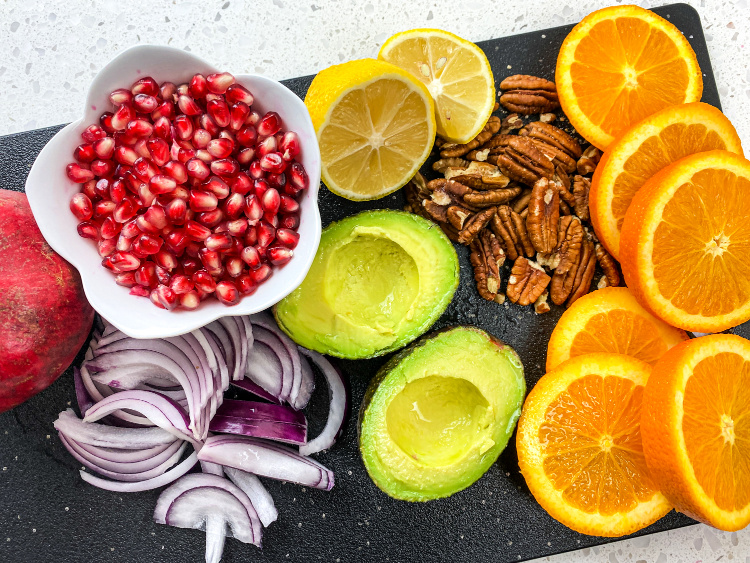 orange-pomegranate-salad-my-home-and-travels prepped ingredients