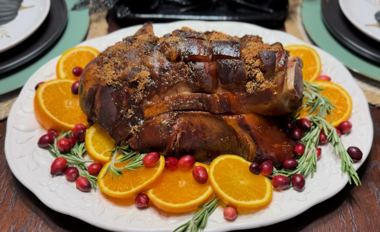 brown-sugar-and-bourbon-glazed-ham-my-home-and-travels ready to serve